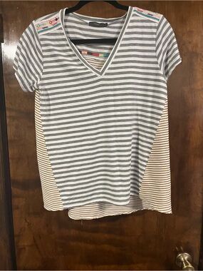 Donating soon 🌟 THML Gray, White and Mustard Striped V-Neck Tee